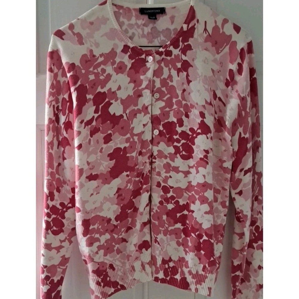 Vtg Lands End Womens‎ Cardigan Pink Floral Sweater 96% Cotton Grandmacore Sz12
